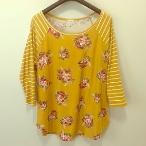 Fall floral stripe mustard super soft brushed 3/4